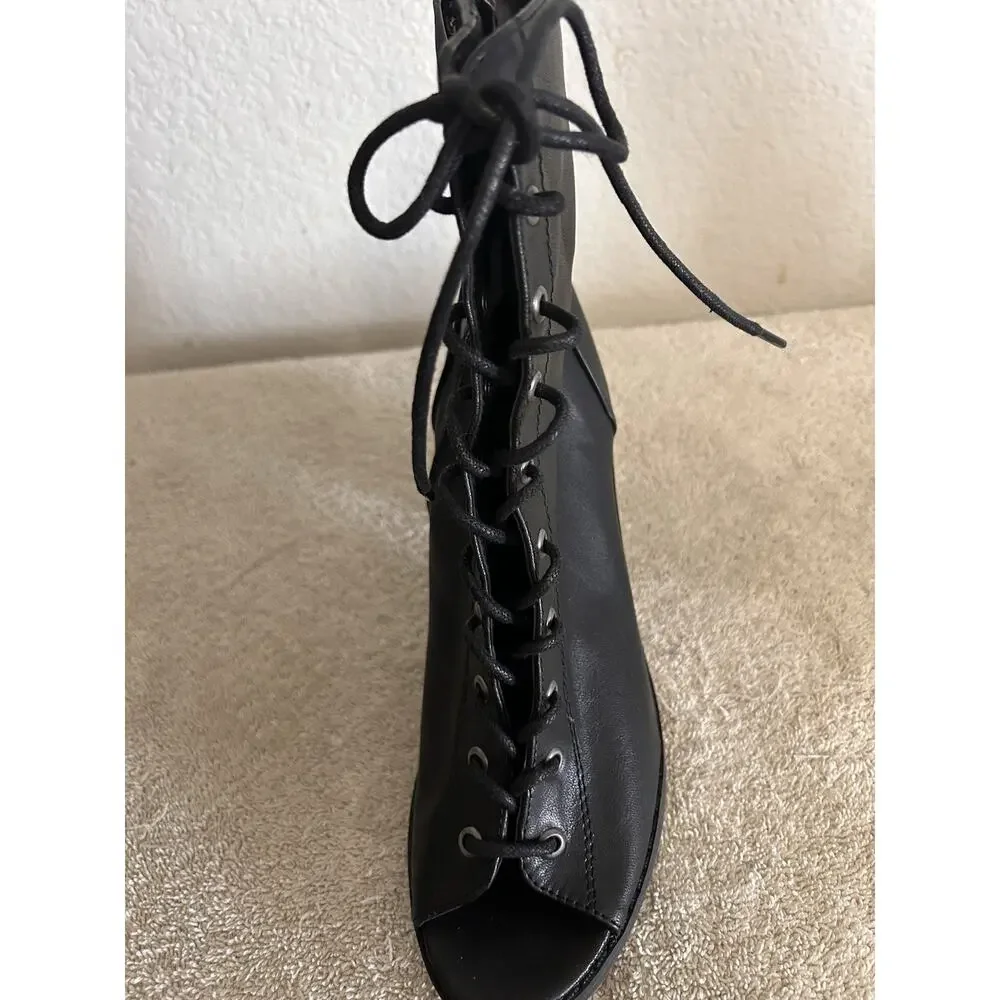 Breckelles Tina-15 SZ 8 Black Lace Up Boot Open Toe Block Heel Zip Faux Leather